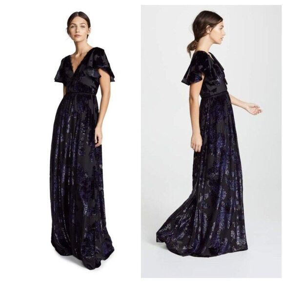 Marchesa Dresses & Skirts - MARCHESA NOTTE Navy Blue Flutter Sleeve Floral Print Evening Gown Dress …